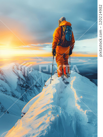 Snowboarder with trekking poles in orange outfit on snowy mountain ridge at sunrise, winter adventure with breathtaking view of clouds and peaks 120214982