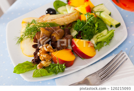 Salad with roasted chicken hearts, pears Salad with roasted chicken hearts, pears 120215093
