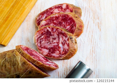Spanish dry cured pork sausage Salchichon Spanish dry cured pork sausage Salchichon 120215144