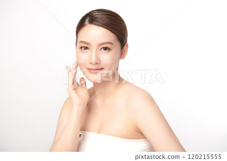 Beautiful young asian woman with clean fresh skin on white background, Face care, Facial treatment, Cosmetology, beauty and spa, Asian women portrait. 120215555