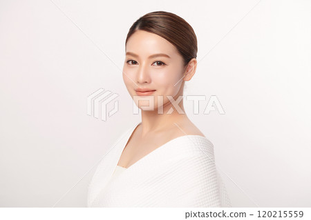 Beautiful young asian woman with clean fresh skin on white background, Face care, Facial treatment, Cosmetology, beauty and spa, Asian women portrait. 120215559