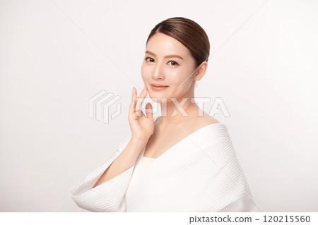 Beautiful young asian woman with clean fresh skin on white background, Face care, Facial treatment, Cosmetology, beauty and spa, Asian women portrait. 120215560