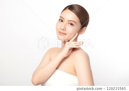 Beautiful young asian woman with clean fresh skin on white background, Face care, Facial treatment, Cosmetology, beauty and spa, Asian women portrait. 120215565