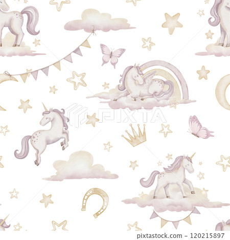 Watercolor seamless Pattern with Unicorns, clouds, stars and garlands in pastel pink colors. Illustration for Baby girl textile design or childish wallpaper. Tile for ornament and princess wall art. Watercolor seamless Pattern with Unicorns, clouds, stars and garlands in pastel pink colors. Illustration for Baby girl textile design or childish wallpaper. Tile for ornament and princess wall art. 120215897