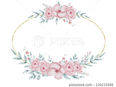 Floral Wreath with pastel pink Flowers and green leaves for wedding greeting cards or baby girl invitations. Watercolor illustration for postcards template. Drawing of Floral circular Frame. Floral Wreath with pastel pink Flowers and green leaves for wedding greeting cards or baby girl invitations. Watercolor illustration for postcards template. Drawing of Floral circular Frame. 120215898