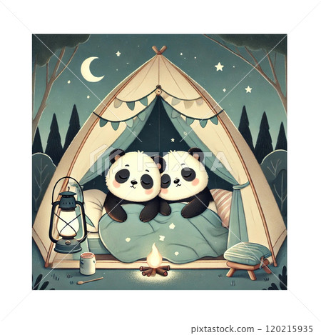 兩隻大熊貓睡在森林裡的帳篷裡取暖。 Ø 生成式人工智慧 120215935