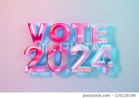 Bright 'Vote 2024' typography in glassy pink and blue gradient. Perfect for political campaigns, election promotion, and voting awareness designs 120216196