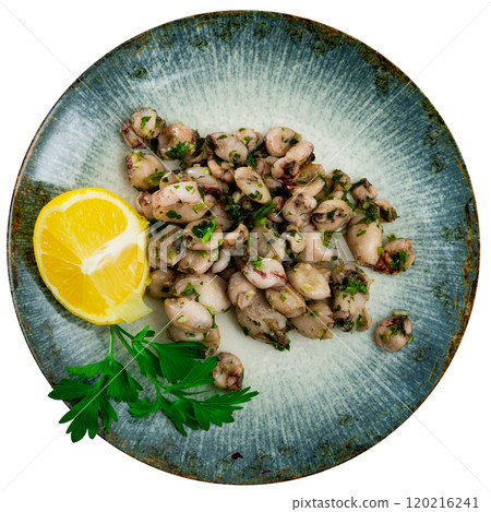 There are pieces of grilled squid on plate. Seafood is complemented with lemon and parsley There are pieces of grilled squid on plate. Seafood is complemented with lemon and parsley 120216241