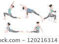 Iliopsoas stretch: Pose set for improving lower back pain, crescent pose, side angle, yoga, muscle training Iliopsoas stretch: Pose set for improving lower back pain, crescent pose, side angle, yoga, muscle training 120216314