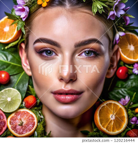 Vibrant Floral Portrait with Citrus Accents 120216444