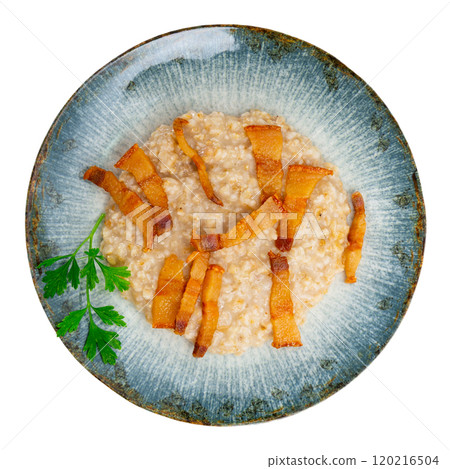 There is portion of boiled oatmeal porridge with pieces of fried bacon on plate There is portion of boiled oatmeal porridge with pieces of fried bacon on plate 120216504