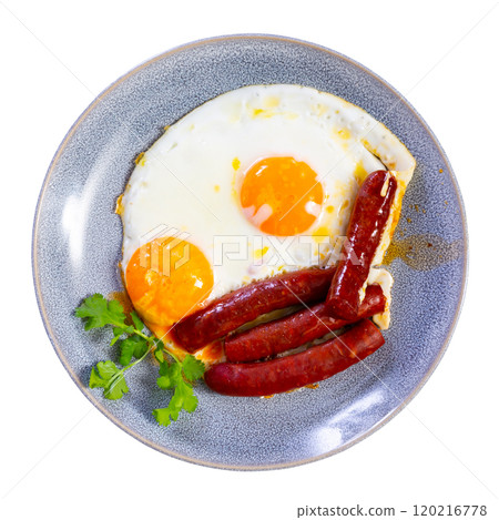 Sausages chistorra with scrambled eggs for breakfast. Healthy food 120216778