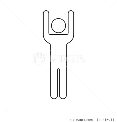 Human Figure with Both Arms Raised Line Icon. Stick Figure Standing Raising Hands Outline Symbol. Editable Stroke. Isolated Vector Illustration 120216911