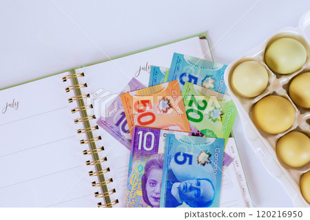 Chicken eggs sit next to stack Canadian dollar cash bills, highlighting rising cost of everyday items. Chicken eggs sit next to stack Canadian dollar cash bills, highlighting rising cost of everyday items. 120216950