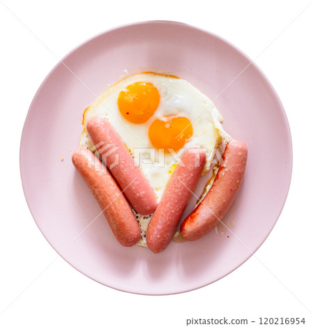 Fried eggs served with sausages for breakfast Fried eggs served with sausages for breakfast 120216954