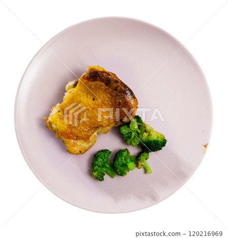 Fried chicken pieces served with broccoli Fried chicken pieces served with broccoli 120216969