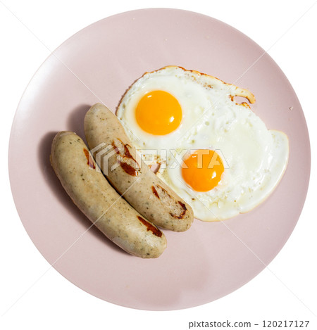 Homemade hearty breakfast - fried eggs with frankfurter sausages. 120217127