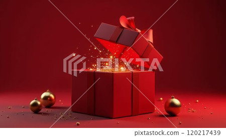 glowing gift box surrounded festive ornaments, representing the excitement and magic of holiday surprises 120217439