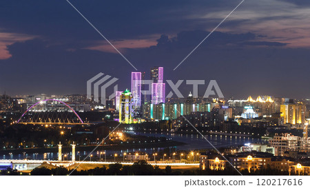 Elevated night view over the city center and central business district with bridge and river timelapse from rooftop, Kazakhstan, Astana Elevated night view over the city center and central business district with bridge and river timelapse from rooftop, Kazakhstan, Astana 120217616