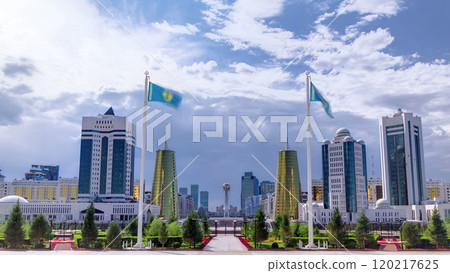 View of Astana modern city with baiterek and towers timelapse. 120217625