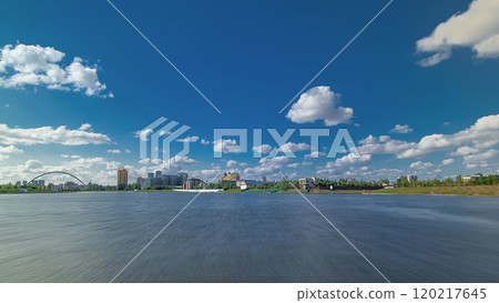 Astana, Kazakhstan. View from Pleasure boat on the river Ishim timelapse hyperlapse drivelapse in Astana. Astana, Kazakhstan. View from Pleasure boat on the river Ishim timelapse hyperlapse drivelapse in Astana. 120217645