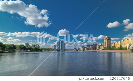 Astana, Kazakhstan. View from Pleasure boat on the river Ishim timelapse hyperlapse drivelapse in Astana. 120217646