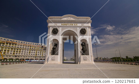 Triumphal arch timelapse and the central part of the city in Astana, Kazakhstan. Triumphal arch timelapse and the central part of the city in Astana, Kazakhstan. 120217681