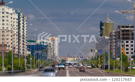 Traffic drives over the wide boulevards of Astana in Kazakhstan 120217683