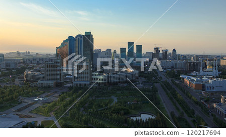 Elevated morning view over the city center and central business district timelapse, Kazakhstan, Astana 120217694
