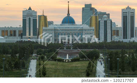 Close up view of Astana city day to night timelapse and the president's residence Akorda with park Close up view of Astana city day to night timelapse and the president's residence Akorda with park 120217707