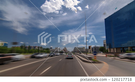 Car drives on street Traffic over the wide boulevards of Astana timelapse hyperlapse drivelapse in Kazakhstan 120217718