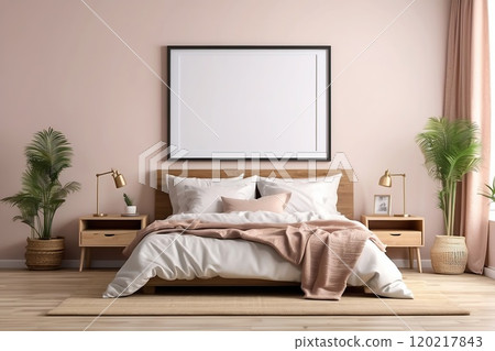 Mock-up poster frame on the wall behind bed in pink bedroom interior background 120217843