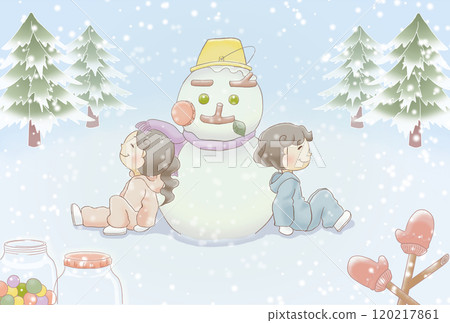 Illustration of Kids Making a Snowman Illustration of Kids Making a Snowman 120217861