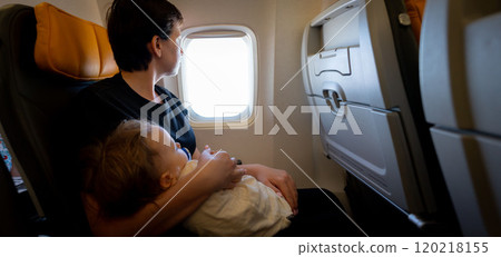 Mother holding child on airplane looking out window. Concept of family travel and exploring new destinations 120218155