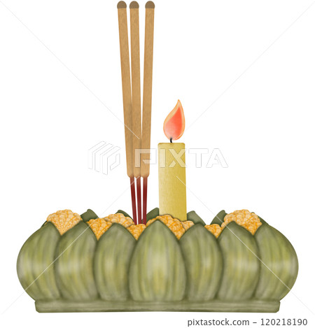 Krathong made of banana leaves, flowers, incense, and a candle hand drawn in cartoon style Krathong made of banana leaves, flowers, incense, and a candle hand drawn in cartoon style 120218190