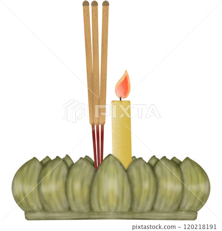 Krathong made of banana leaves, flowers, incense, and a candle hand drawn in cartoon style  120218191
