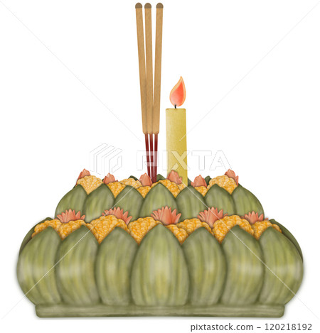 Krathong made of banana leaves, flowers, incense, and a candle hand drawn in cartoon style Krathong made of banana leaves, flowers, incense, and a candle hand drawn in cartoon style 120218192