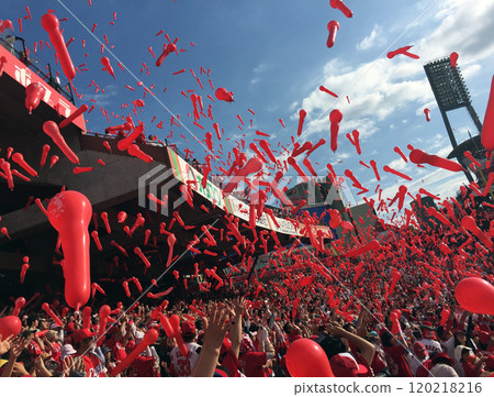 Jet balloons fly through the blue sky at the Lucky Seven Stretch at Mazda Stadium Hiroshima 120218216