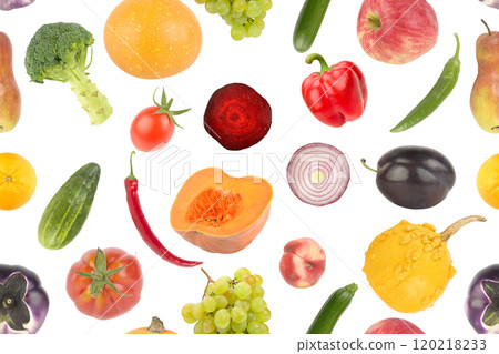 Isolated fruits and vegetables on white. Seamless pattern. 120218233