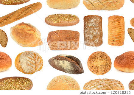 Seamless pattern different bread products made of wheat and rye isolated on white 120218235
