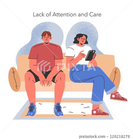 Infidelity concept. Illustration of couple facing disconnect, hinting at potential reasons for unfaithfulness. Emotional distance in relationships. Vector illustration. 120218278