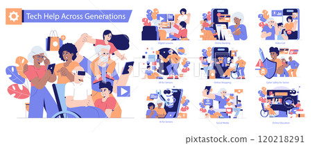 Tech Help Across Generations set. Various scenarios depicting family members aiding seniors with digital technology, from online shopping to AI. Inter-generational digital literacy and support. Vector 120218291