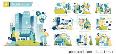 Electrification set. Transition to sustainable energy sources and innovative technologies. Green energy, electric cars, and smart energy management. Vector illustration. 120218293