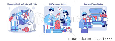 Super Saturday set. Illustrations of holiday shopping rush, featuring an overflowing cart, gift-wrapping service, and curbside pickup. Vector illustration. 120218367