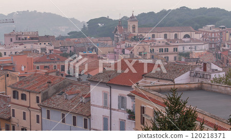 Duomo di San Pancrazio Martire after sunset in beautiful town of Albano Laziale day to night timelapse, Italy 120218371