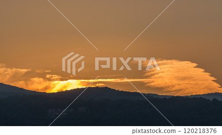 Panoramic view of Albano Lake coast at sunrise timelapse, Rome Province, Latium, central Italy 120218376