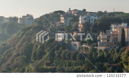 Panoramic view of Albano Lake coast at sunrise timelapse, Rome Province, Latium, central Italy 120218377