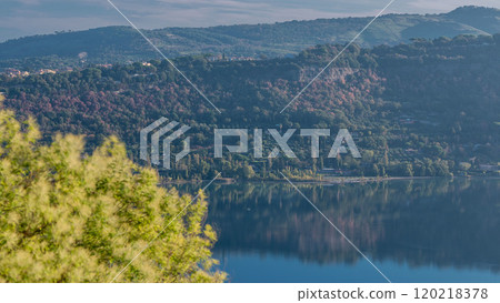 Panoramic view of Albano Lake coast at sunrise timelapse, Rome Province, Latium, central Italy 120218378