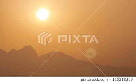 Seascape timelapse of high mountains over clear sunset sky in Turkey 120218399