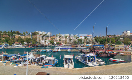 Yacht harbor and houses in Old town timelapse hyperlapse Antalya, Turkey. 120218400